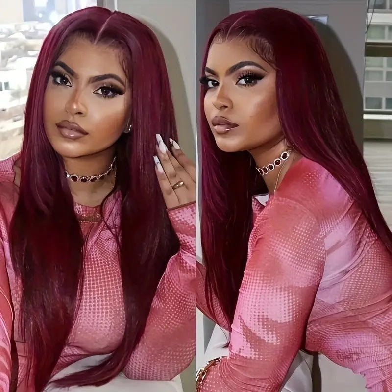 African Women's Hot Selling Lace Wine Red Mid Split Straight Hair Wig Full Headset Cross border Hot Selling Wig