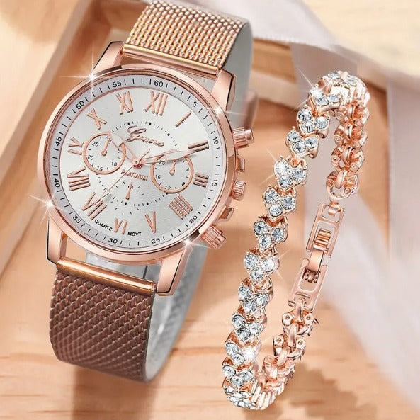 Cross border hot selling new fashionable three eyed women's plastic quartz watch+heart-shaped diamond inlaid bracelet set 2ps