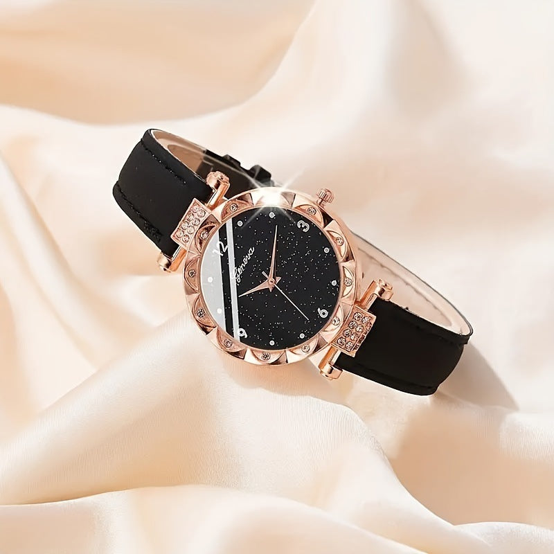 Ladies' watches, fashionable diamond studded starry sky watches, temperament frosted quartz watches, niche light luxury shaking explosive belt set