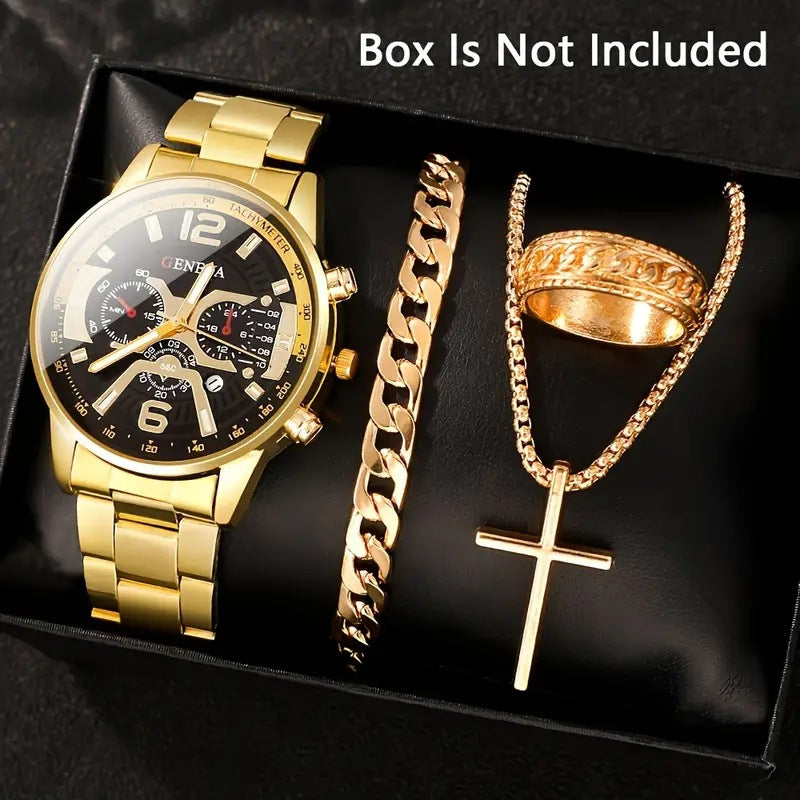 Men's 4-piece luxury stainless steel quartz watch with calendar, gold cross necklace, bracelet and ring