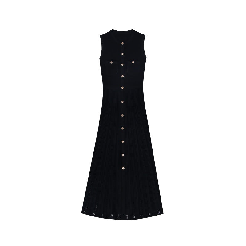Classic knit dress with drawstrings, round neckline, and high-quality sleeveless design