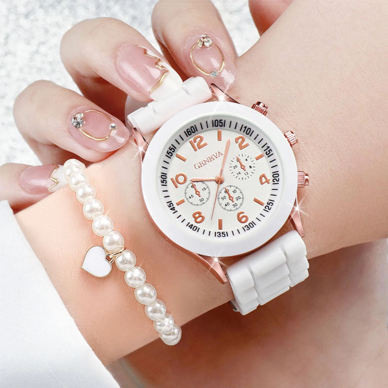 6PCS/Women's Watch Fashion Silicone Strap Quartz Watch Pearl Heart Jewelry Set (No Box)