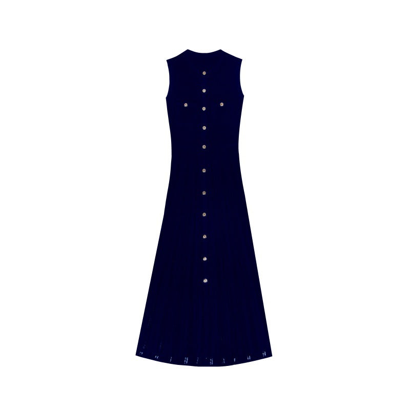 Classic knit dress with drawstrings, round neckline, and high-quality sleeveless design