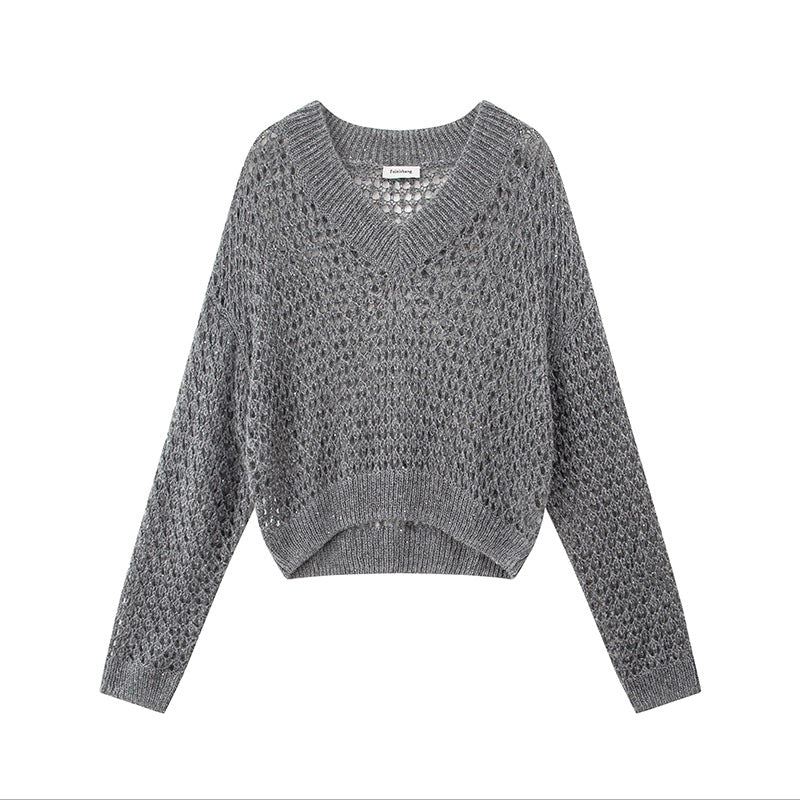 Stylish gray sweater with V-neck, long hollow sleeves, knitted pullover