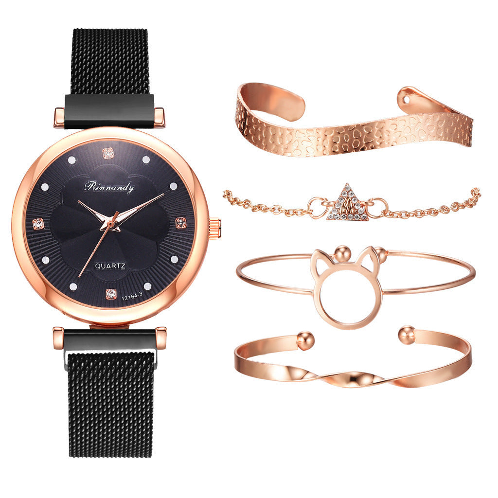 5pcs/set women's fashionable and simple mesh belt magnet quartz watch+bracelet set quartz watch