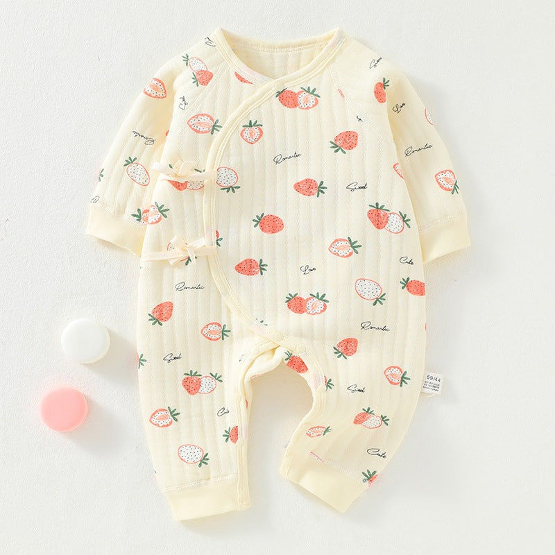 Newborn three-layer warm jumpsuit for autumn and winter, thickened initial baby clothes, pure cotton A-class baby clothes, butterfly clothes