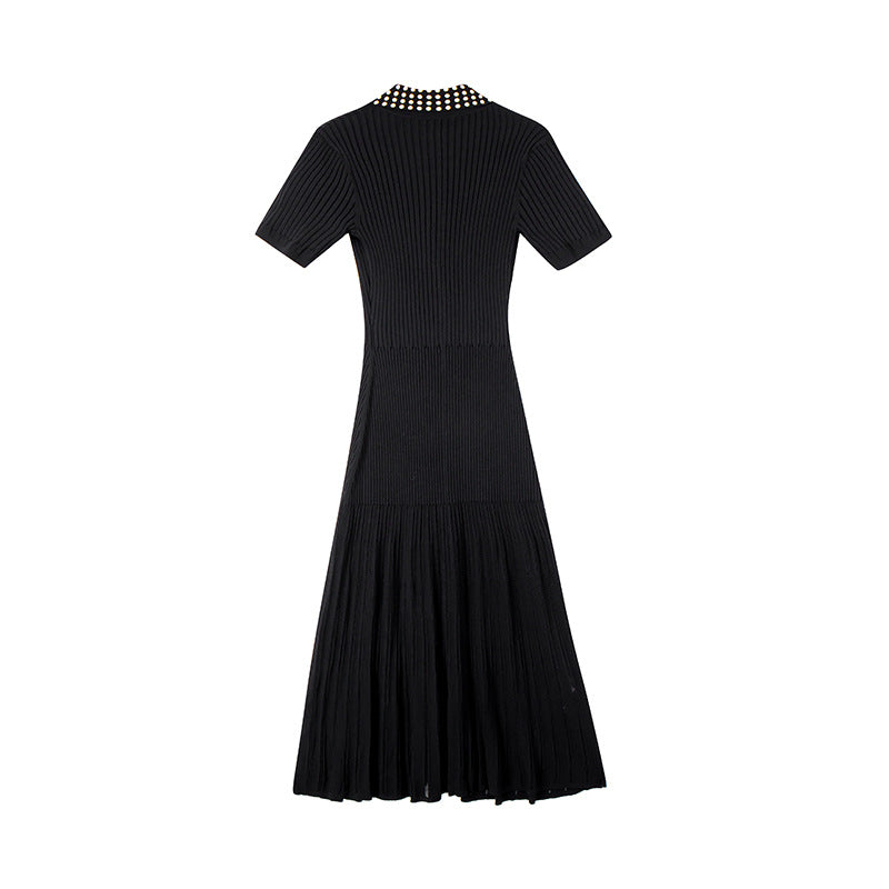 Long black dress with French elegance, knit fabric, collar, short sleeves, and high-quality rhinestone embellishments