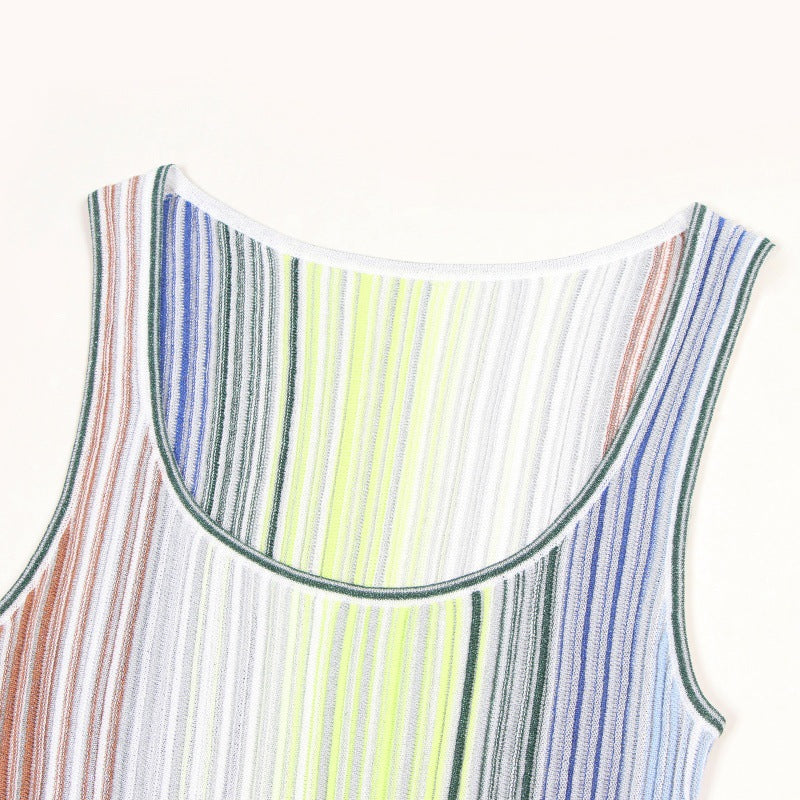 High-quality Italian fashion striped knit dress with round neckline, sleeveless, and A-line cut
