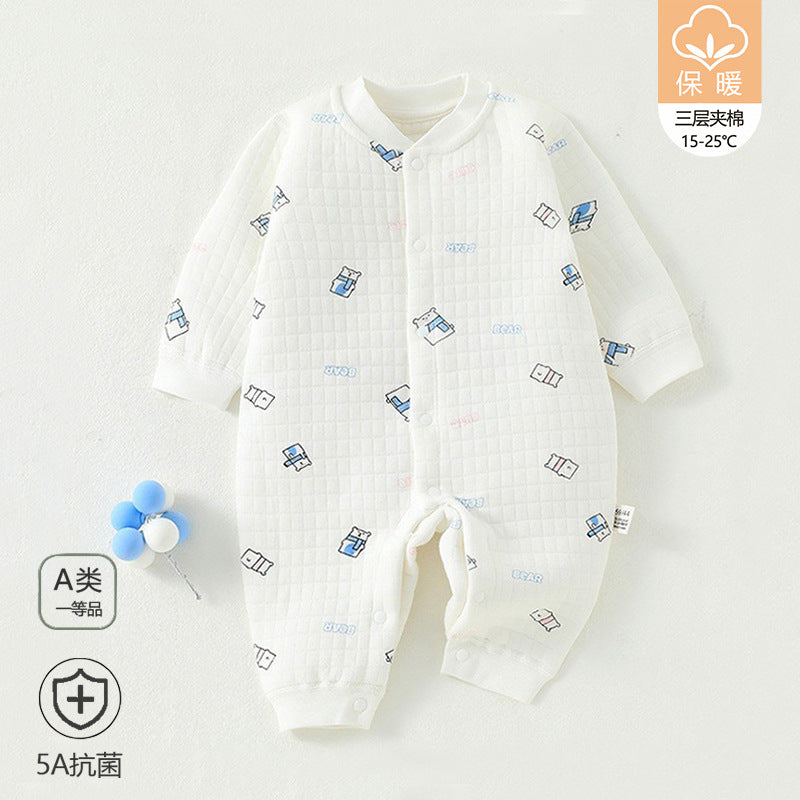 Baby jumpsuit with three layers of warm and thick newborn clothes made of pure cotton for autumn and winter, baby clothes, underwear, crawling clothes