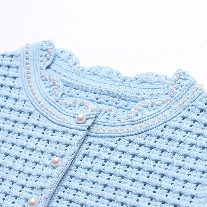 Short-sleeved knit set with lace, beads, and high-quality high-waisted skirt