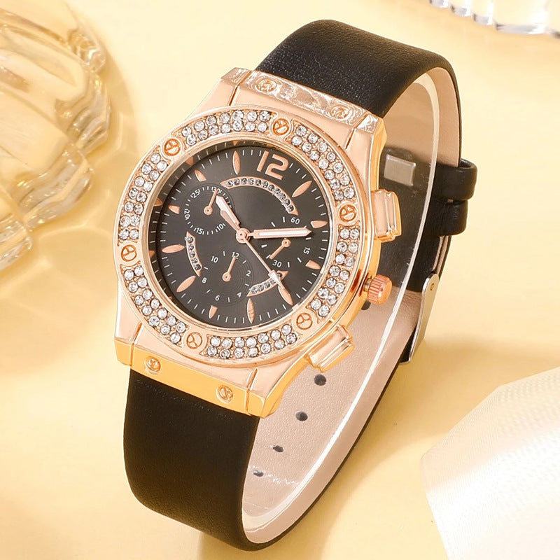 Cross border Korean version diamond studded fashionable PU watch strap watch simple watch bracelet two-piece set wholesale watch women's trend