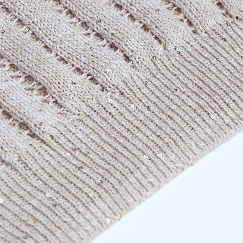 Elegant sweater with round neckline, short sleeves with linen bow and beads High-quality pullover