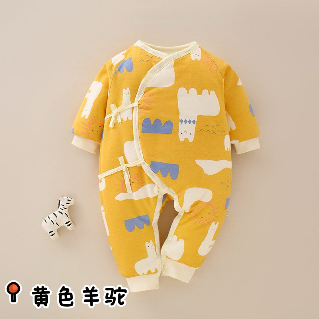 Winter baby lace up jumpsuit warm newborn clothes 0-3 baby pure cotton thick clip cotton clothes butterfly clothes