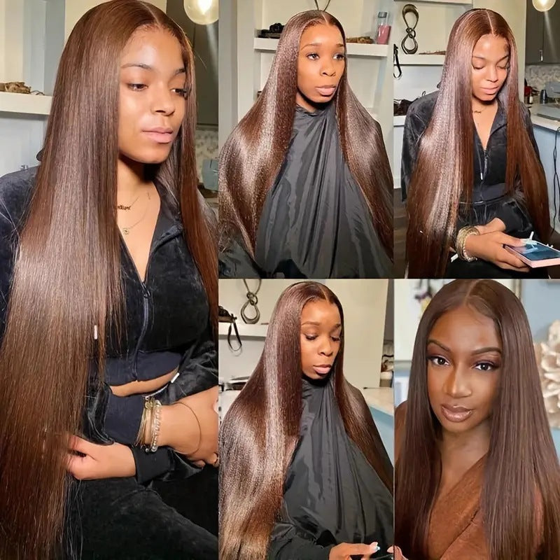 Cross border new product European and American fashion brown long straight hair hot selling, lace mid split long straight hair wig factory in stock