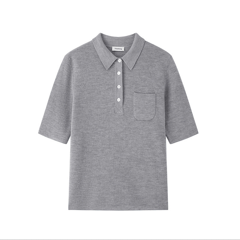 Stylish turtleneck sweater with short sleeves and buttons, 100% high-quality wool