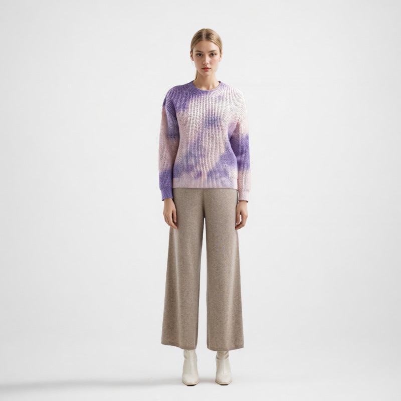 Elegant purple sweater with round neck and long sleeves in high-quality dyed alpaca wool knit with knot