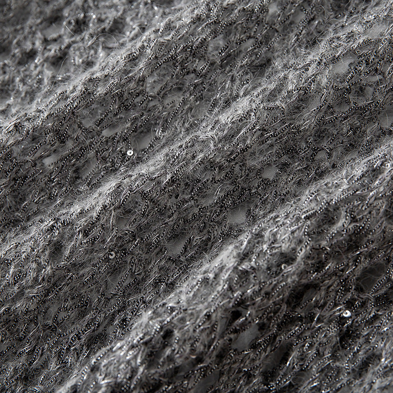 Stylish gray sweater with V-neck, long hollow sleeves, knitted pullover