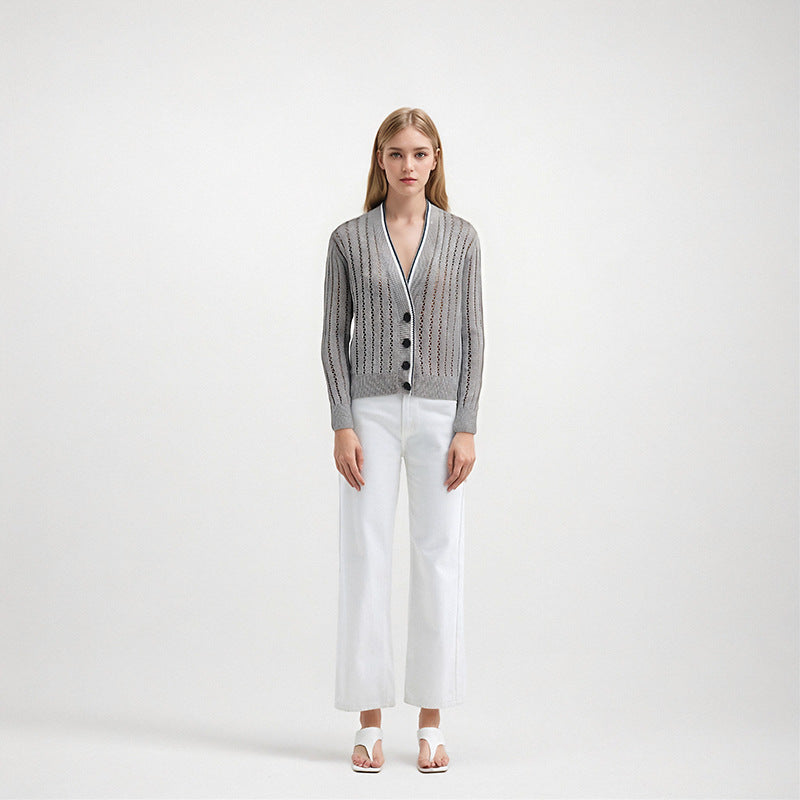 Elegant jacket with V-neckline, long sleeves, single buttons, high-quality linen-cotton embroidery