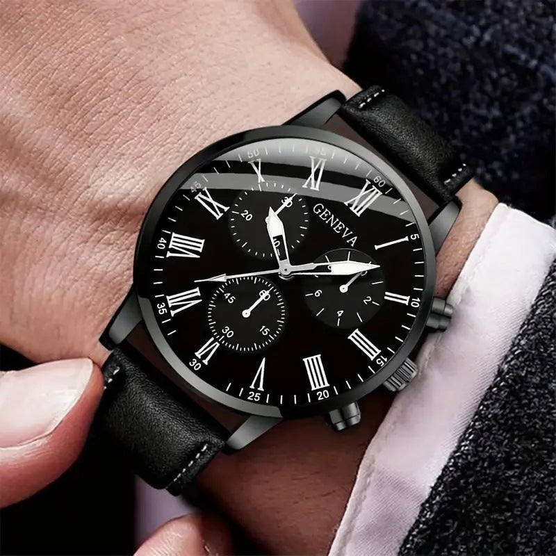 GENEVA Men's Belt Watch Ultra Thin and Simple Business Watch Set Men's One Piece dropshipping Cross border Hot Sale