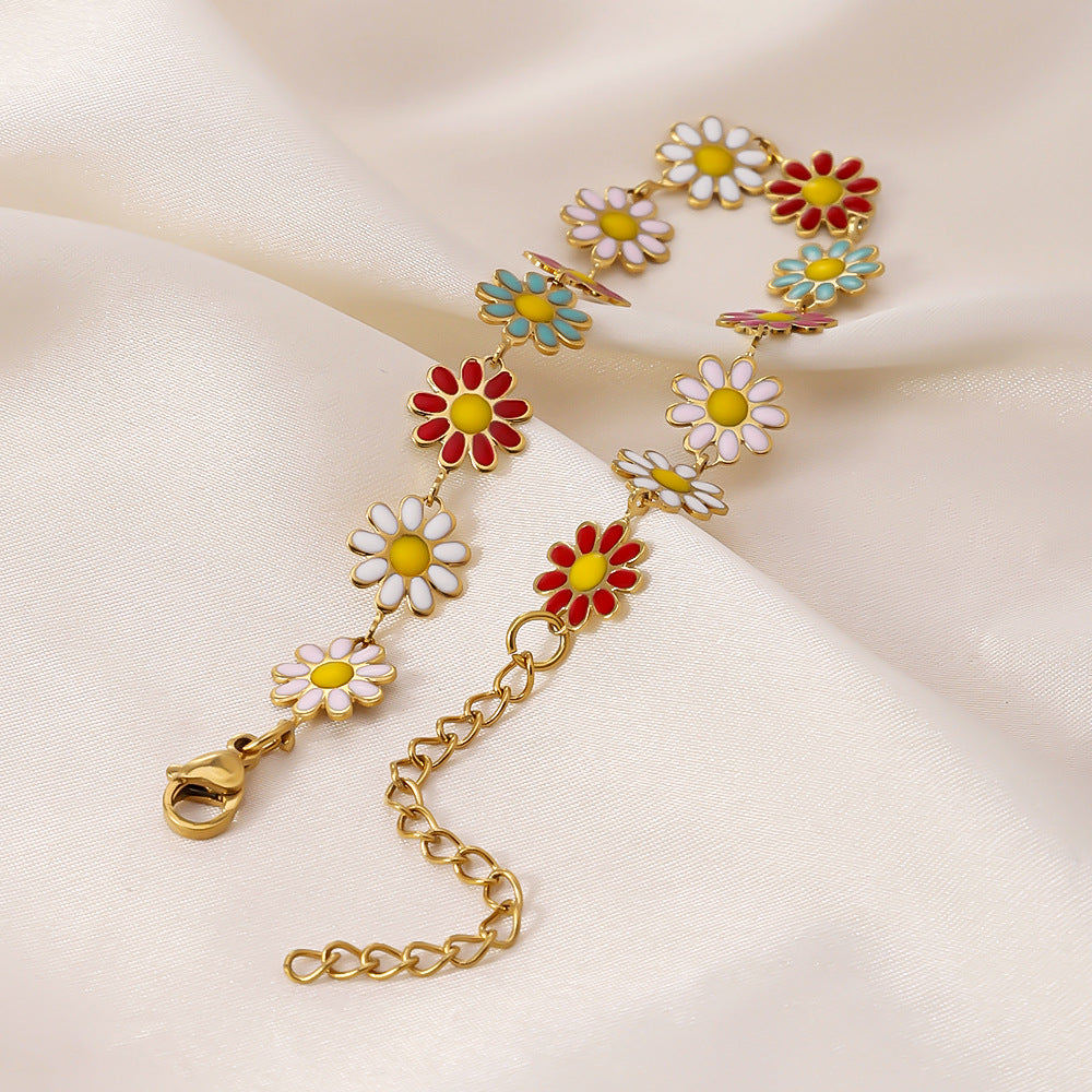Stainless steel colorful sunflower bracelet cross-border daisy drip oil adjustable high-end feeling plated 18K gold titanium steel bracelet