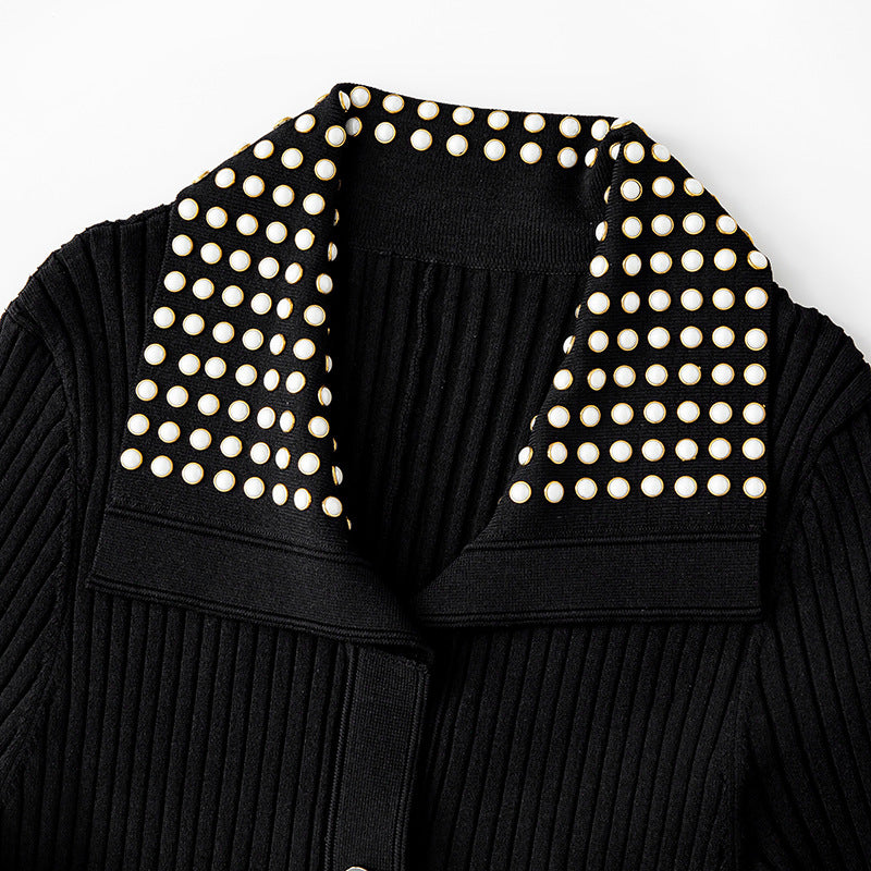 Long black dress with French elegance, knit fabric, collar, short sleeves, and high-quality rhinestone embellishments