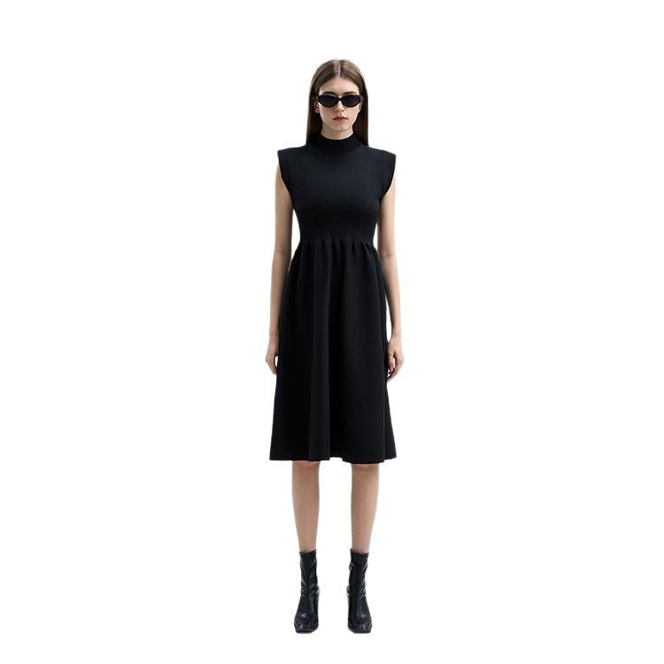 Elegant and simple black dress with a round neckline, fitted waist, stretch fabric, and short sleeves, made from high-quality knit fabric