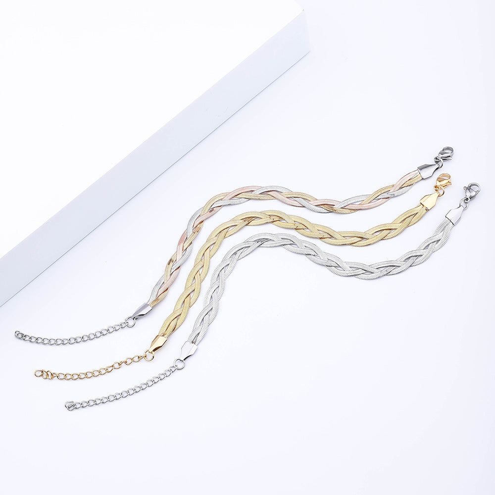 Three layer braided stainless steel blade snake bone bracelet women's fashion simple color matching Fried Dough Twists antique titanium steel bracelet