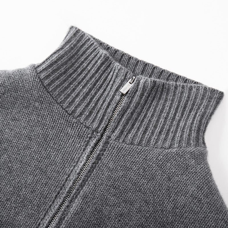 Elegant cashmere wool coat with high collar, long sleeves, and double zipper, high quality