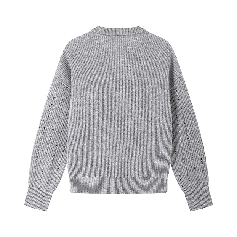 Elegant round-neck sweater, long sleeves, wool knit with pearls, pullover