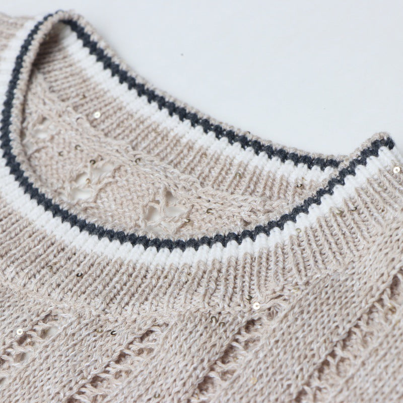 Elegant sweater with round neckline, short sleeves with linen bow and beads High-quality pullover