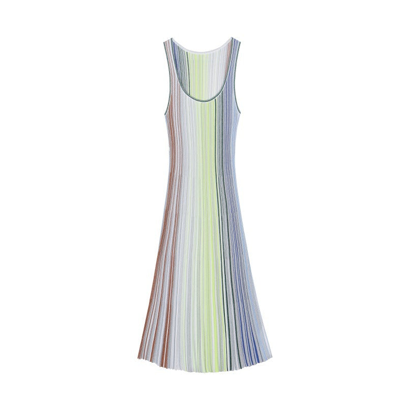High-quality Italian fashion striped knit dress with round neckline, sleeveless, and A-line cut