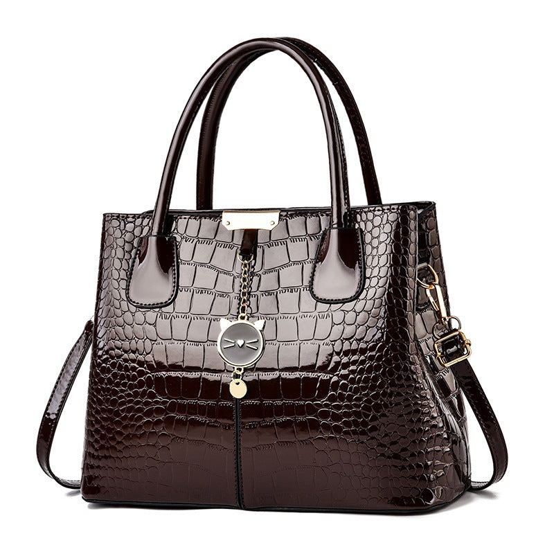 Foreign Trade Women's Bag 2025 New Texture Bright Leather Crocodile Pattern Large Capacity Handbag Trendy Fashion Western Mom Bag