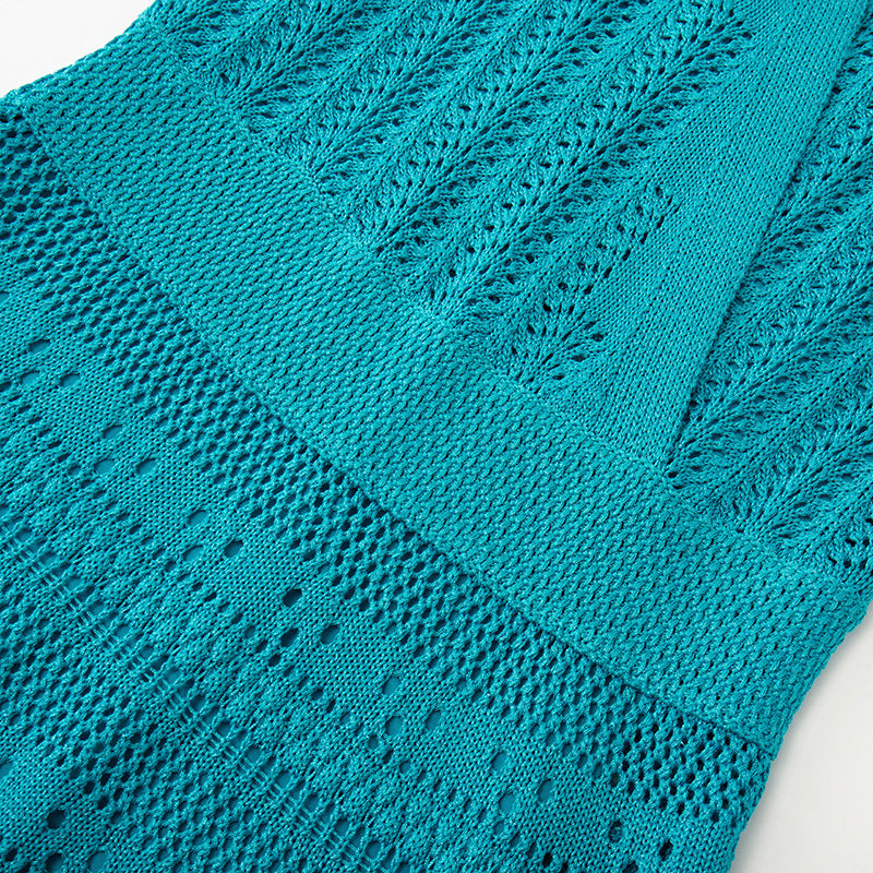 ALEXIS long knit dress with V-neckline, long sleeves, low-cut and high-quality hollow