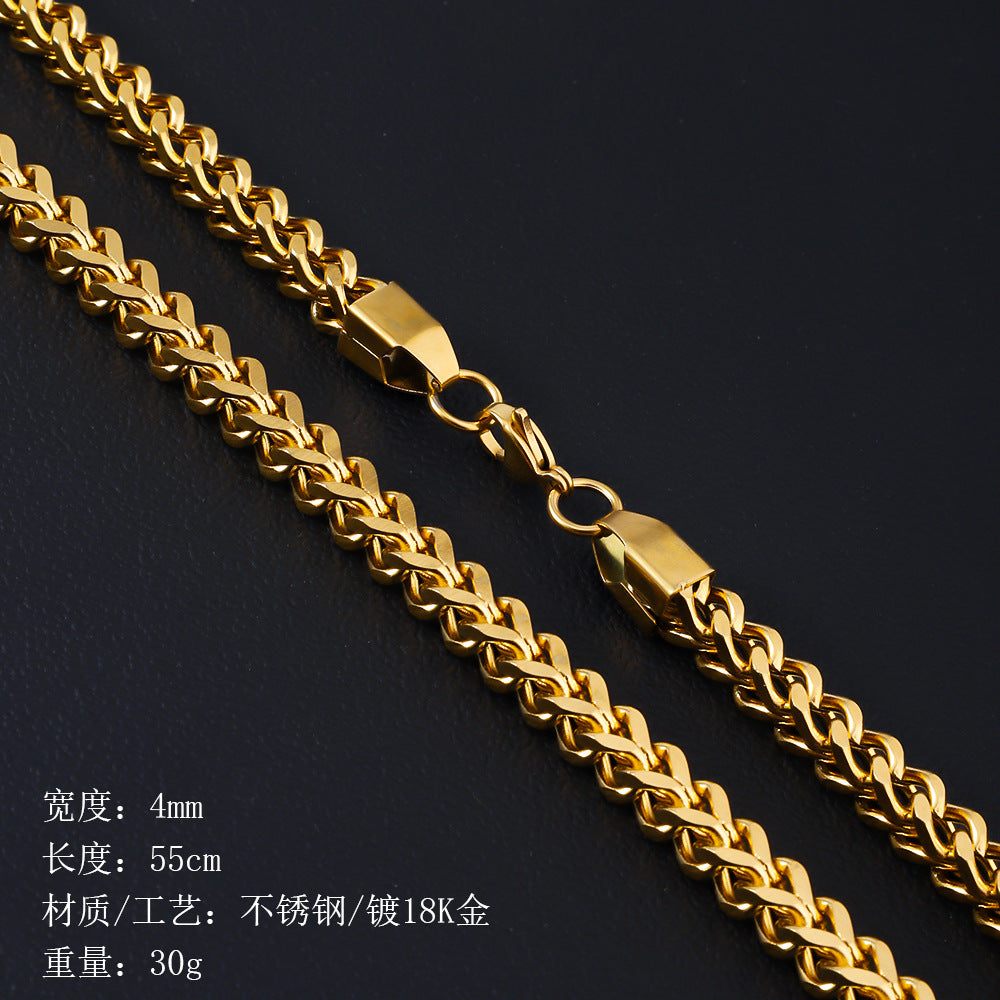 Stainless steel reversible chain necklace, hot selling cross-border in Europe and America, woven chain with four sided grinding, men's Cuban chain, titanium steel necklace