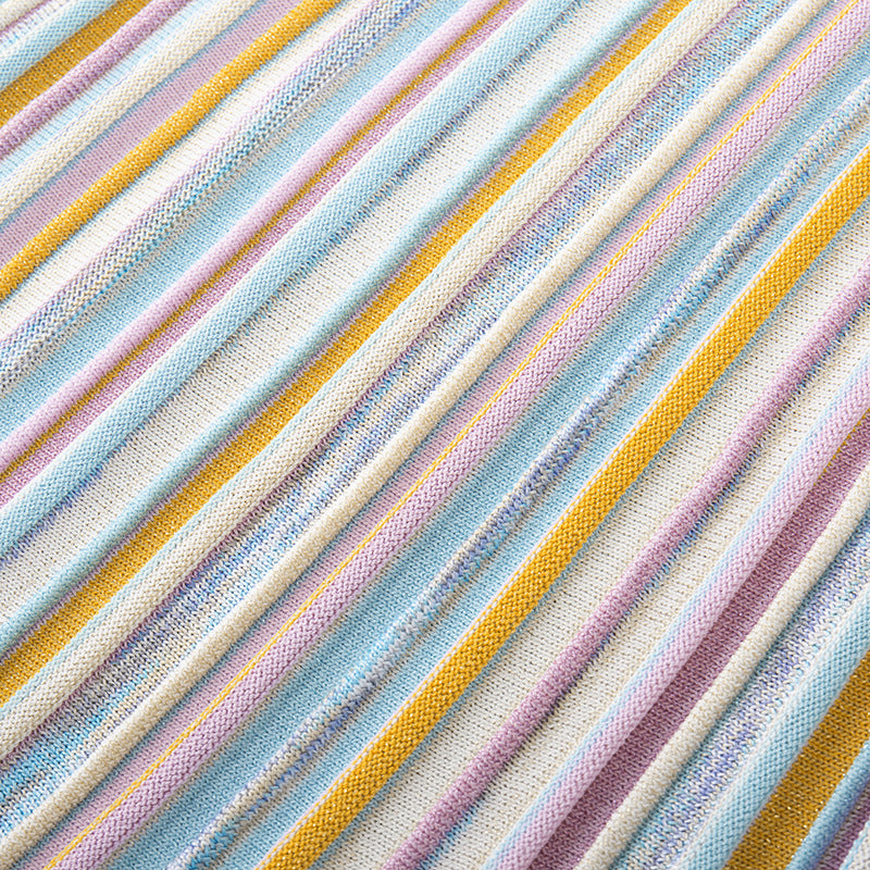 Elegant dress with off-the-shoulder top, long sleeves, colorful stripes, and mid-length in high-quality knit fabric