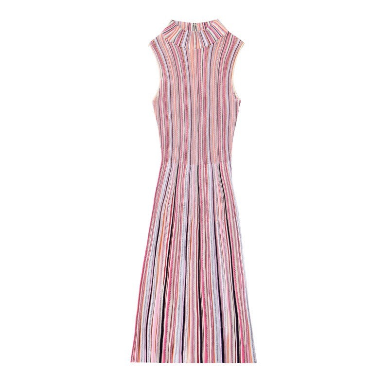 Sophisticated Italian-style striped knit dress with a round neckline, sleeveless, mid-length, high quality