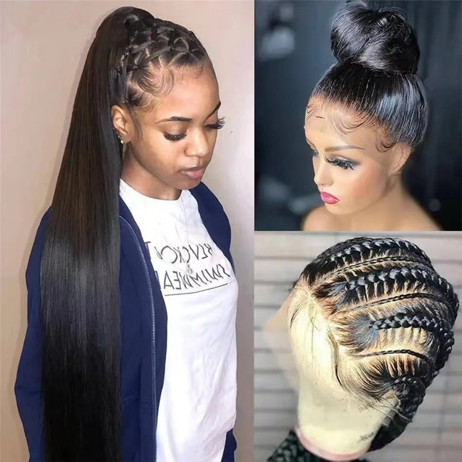 2023 AliExpress Europe and America Wig Middle Division Black Long Straight Hair Front Lace Synthetic Wig Head Cover Manufacturer Wholesale