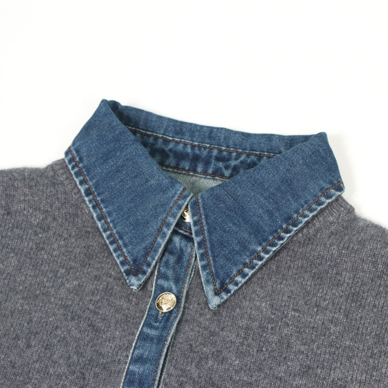 Stylish sweater with gray collar, 100% wool High-quality patchwork
