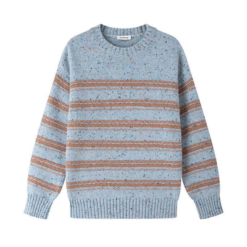 High-quality, stylish sweater with a round neckline, long sleeves, wool and mohair knit, striped, loose-fitting, and comfortable