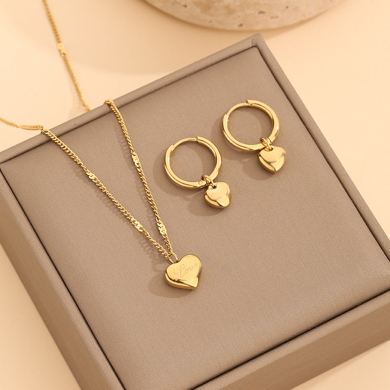 Korean version of love earrings, cold wind girl, small circle girl, gold titanium steel, non-faded circle necklace earrings set