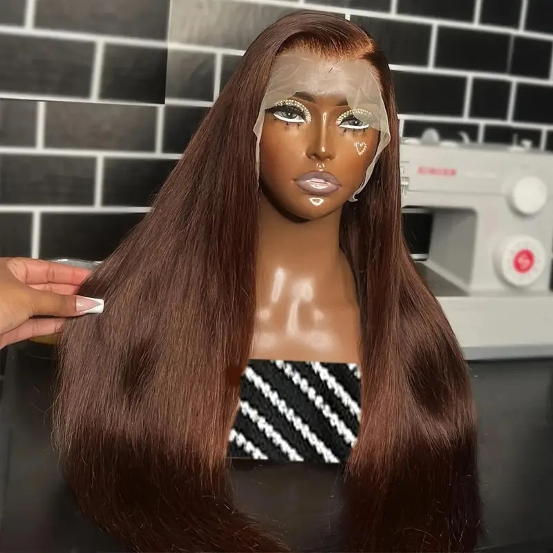 Cross border new product European and American fashion brown long straight hair hot selling, lace mid split long straight hair wig factory in stock