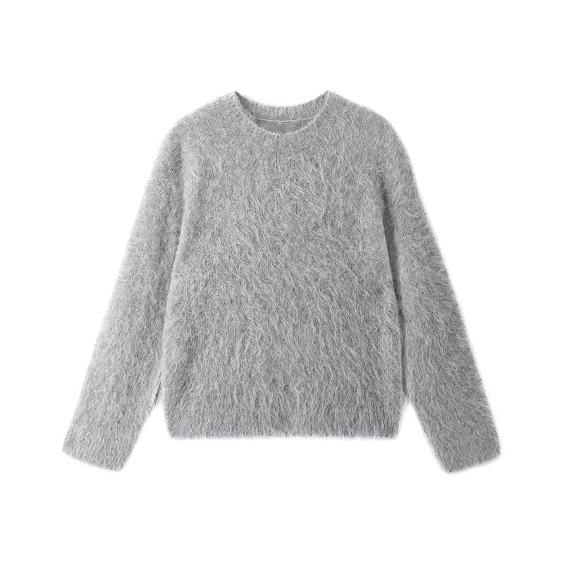 Elegant sweater with round neck, long sleeves, alpaca wool, and extremely high-quality long hair