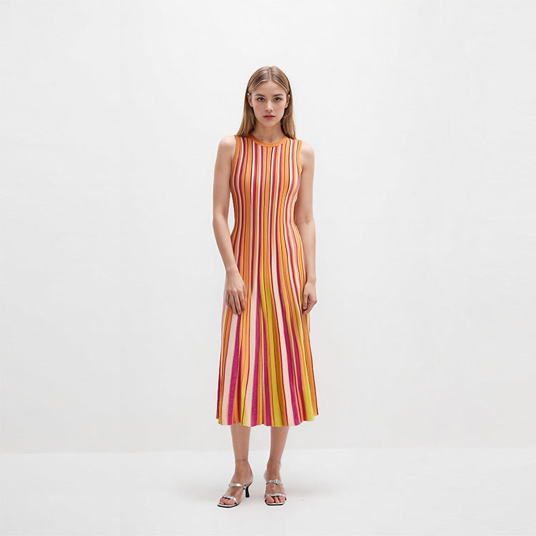 Elegant, fitted, sleeveless, mid-length, striped dress made from high-quality knit fabric