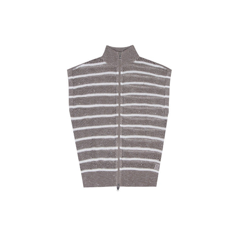 Striped knit shirt with high collar, sleeveless, made of linen and cotton with zipper