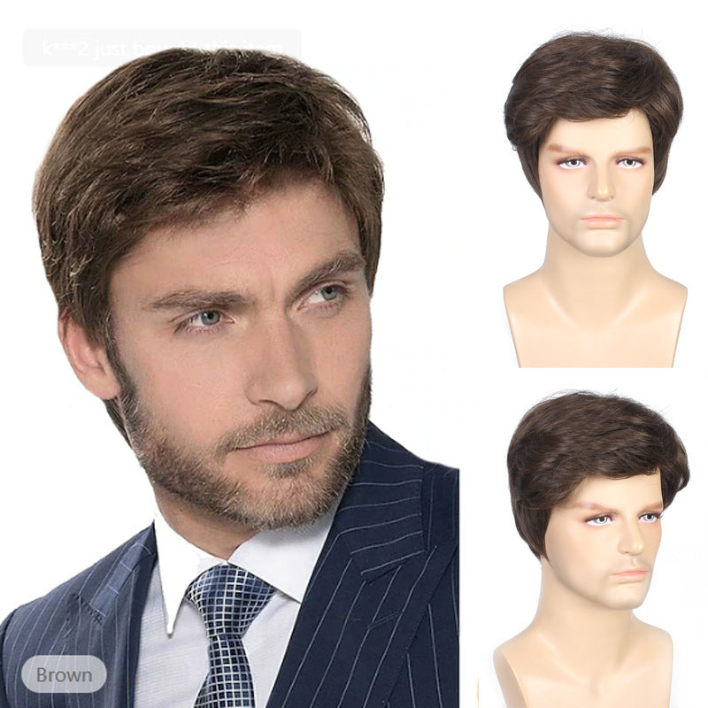 Cross border new European and American wig men's wig fluffy short hair mechanism chemical fiber headband manufacturer wholesale and hair agency