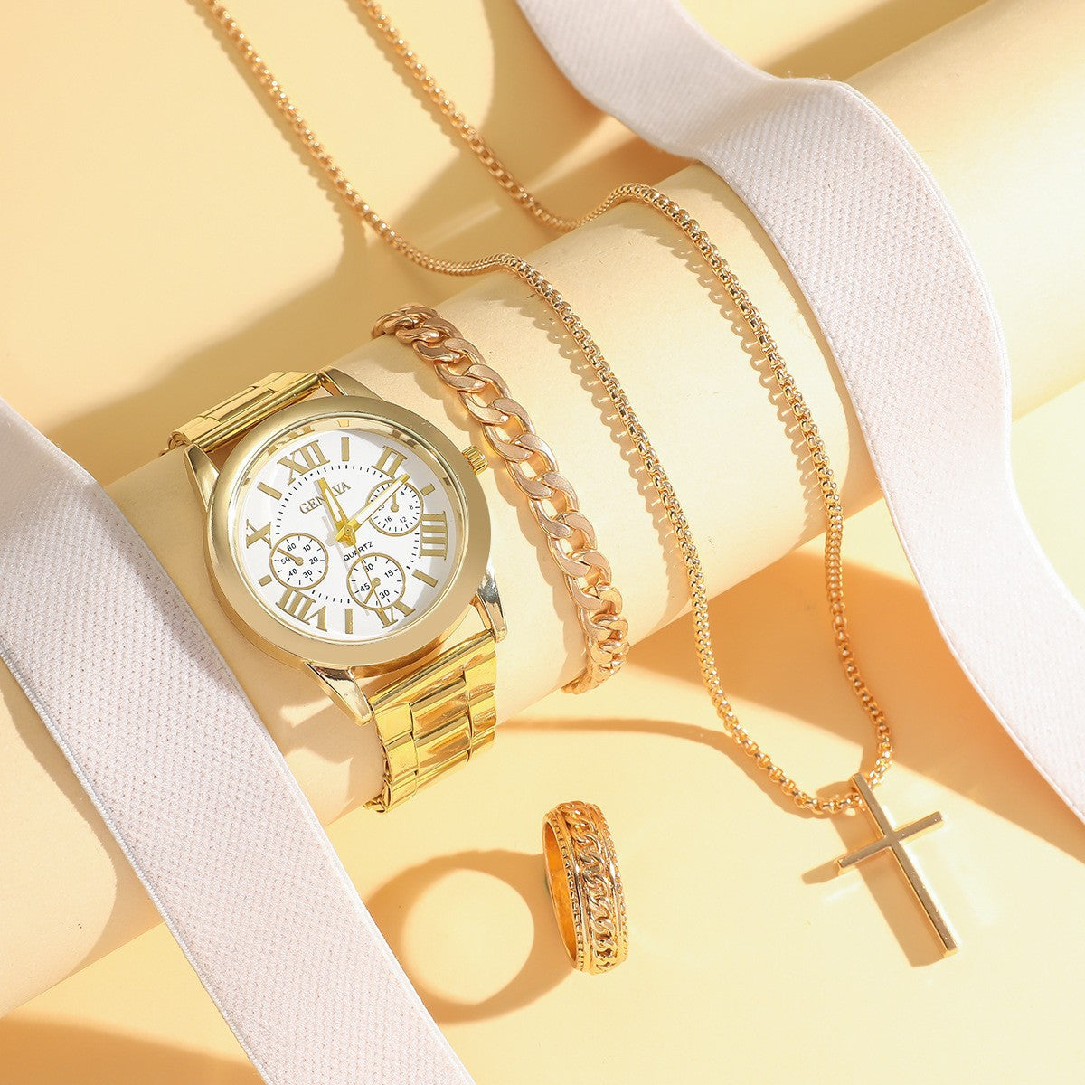 Fashionable and casual business watch+versatile cross steel strap necklace bracelet set with large dial without gift box