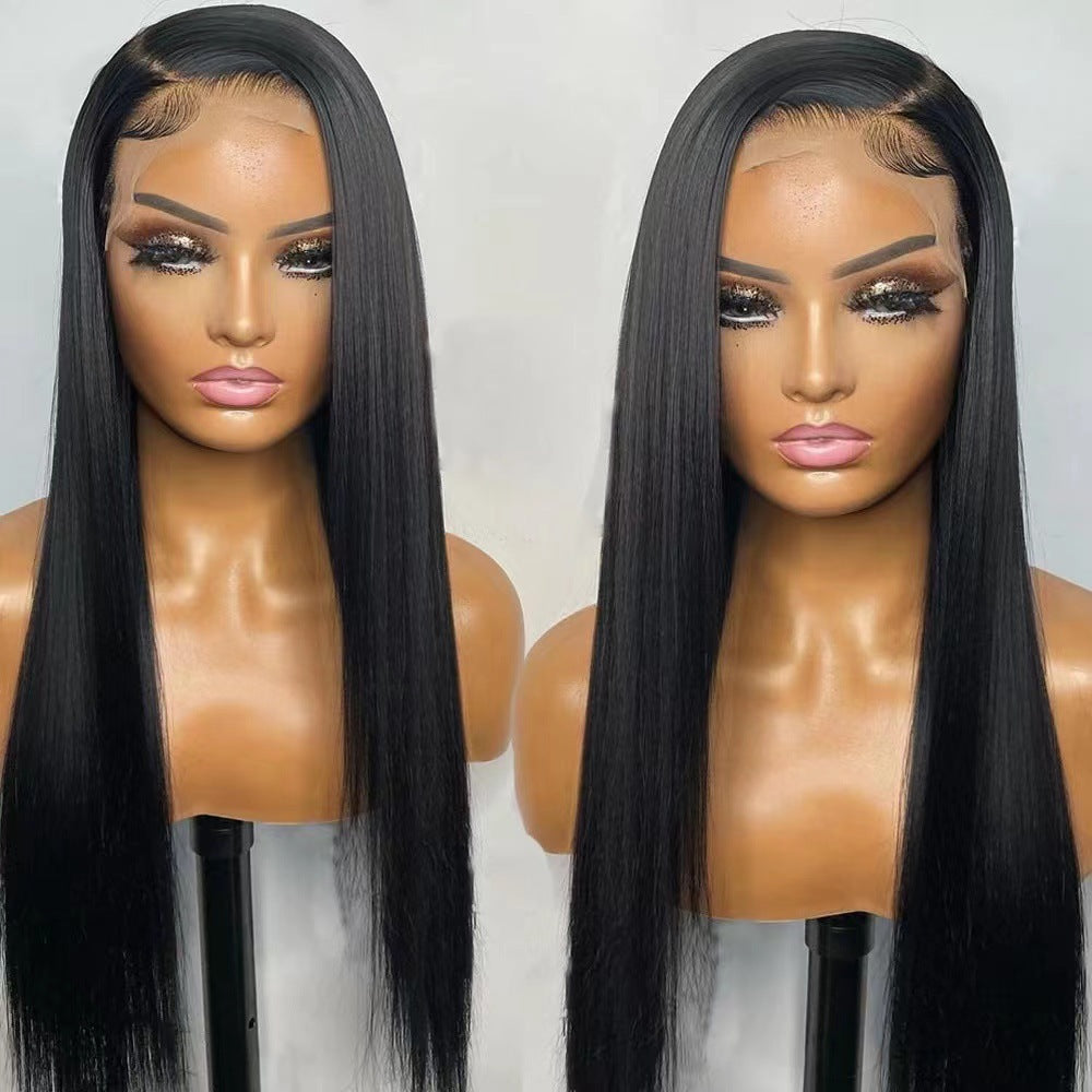 2023 AliExpress Europe and America Wig Middle Division Black Long Straight Hair Front Lace Synthetic Wig Head Cover Manufacturer Wholesale