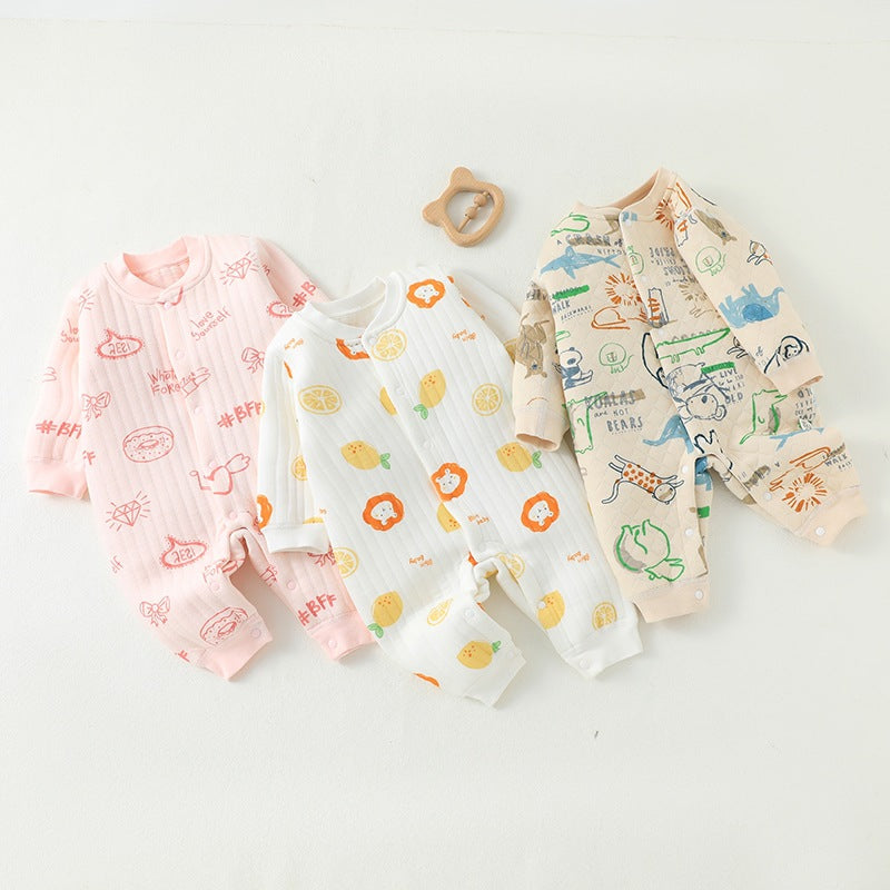 Baby jumpsuit with three layers of warm and thick newborn clothes made of pure cotton for autumn and winter, baby clothes, underwear, crawling clothes