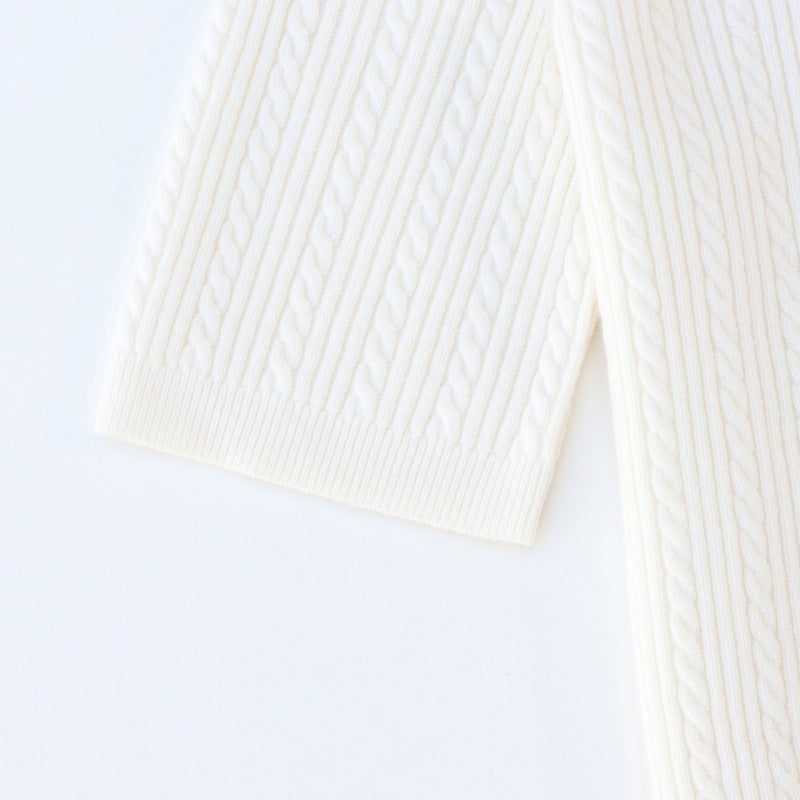 Elegant white polo shirt with high collar and short sleeves, embroidered, 100% high-quality wool