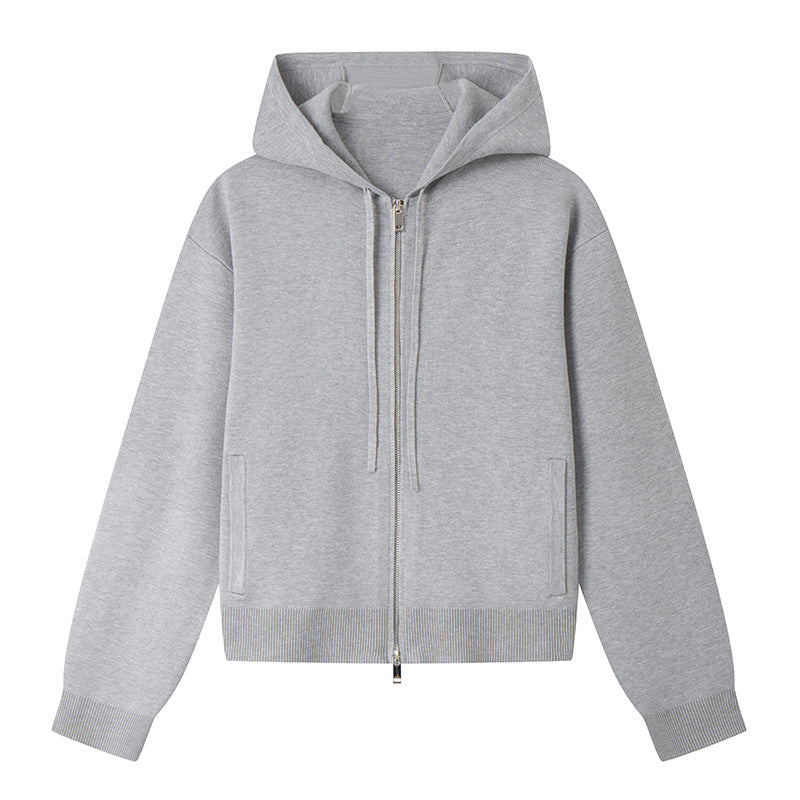 Stylish gray cardigan with hood, long sleeves, and zipper High-quality knit fabric